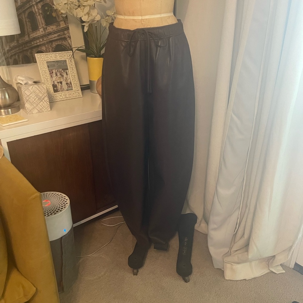 Babaton Dark Brown Faux Leather Wide-Leg Drawstring Pants
